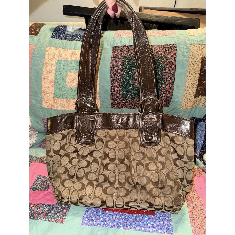 COACH Soho Pleated Signature Tote F13742 Brown Leather Y2K Rare Buckle